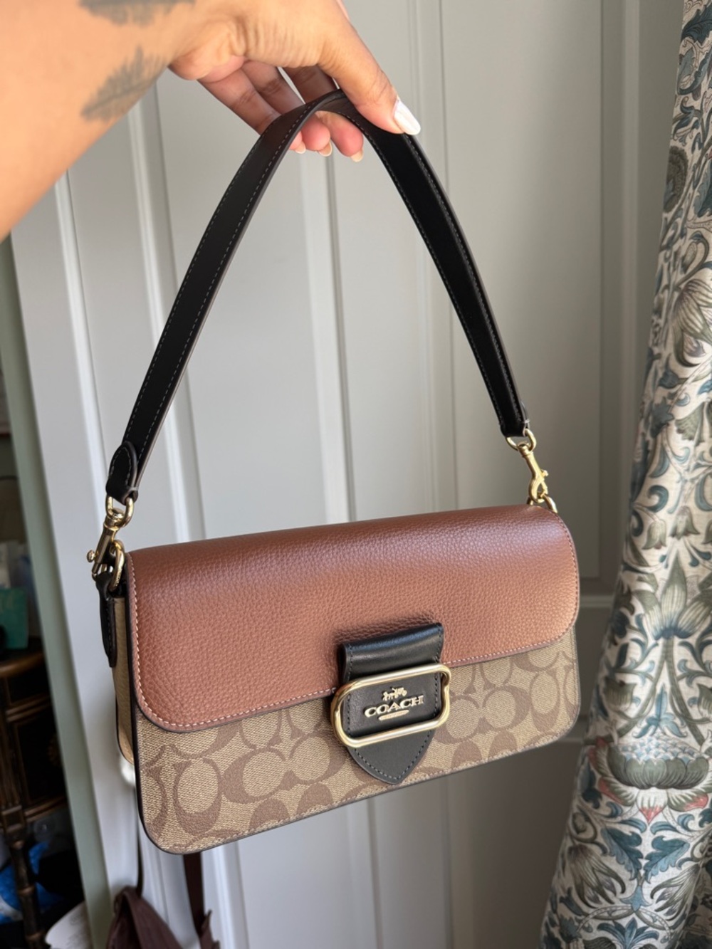 Coach Morgan Two-Tone Signature Canvas Shoulder Bag in Brown and Black